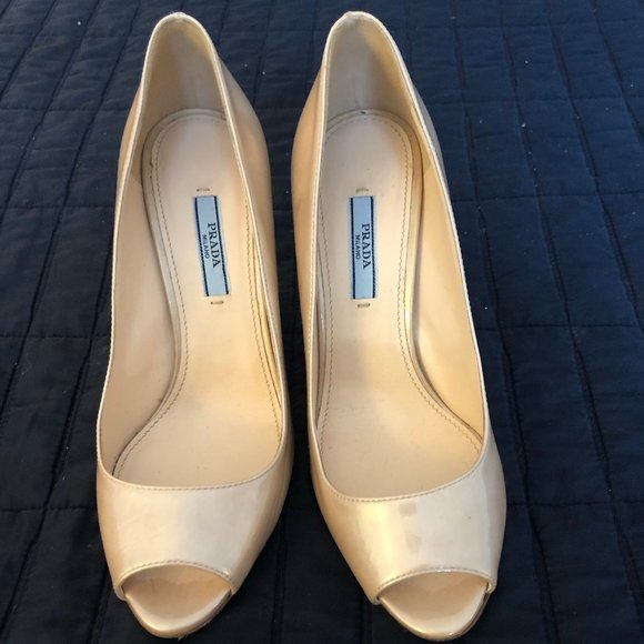 NWT - Prada Nude Patent Leather Peep-Toe Stilettos